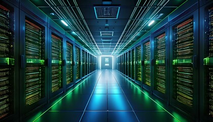 Fototapeta premium 3D Rendering of a Modern Server Room with Glowing Green and Blue LED