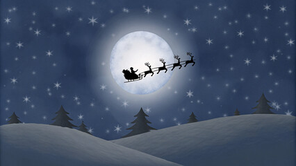 Fototapeta premium Snowy night background with a silhouette of Santa Claus flying across the moon, framed by twinkling stars, softly falling snow, and the glow of distant lights on the horizon