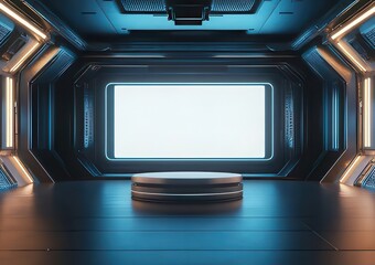 Futuristic room with blank screen and pedestal.