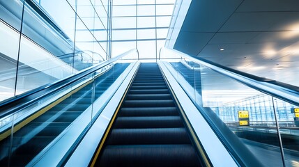 Obraz premium A modern escalator leading up to a bright, sunny area in an airport.