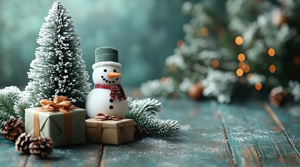 Obraz premium A minimalist green background features a small Christmas tree, snowman, and two gift boxes, perfect for product photography