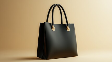 Elegant Black Leather Handbag with Gold Accents on Neutral Background for Fashion and Style Concepts