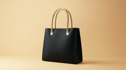 Elegant Black Handbag with Gold Handles on Minimalist Beige Background for Fashion and Style Concepts