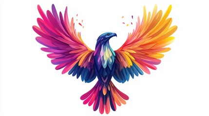 Vibrant flight of a colorful phoenix bird artistic design digital artwork fantasy realm front view