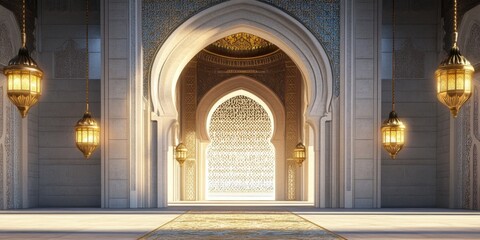 Obraz premium Grand Mosque Entrance: Architectural Marvel of Islamic Design, Intricate Details and Golden Lanterns
