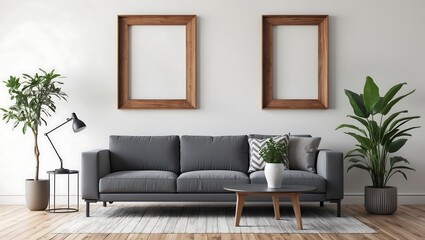 Modern living room interior and two white posters frame mock up on wall. A modern spacious interior designed.