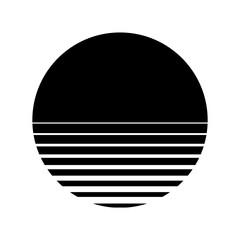 Retro sun sunset in style of 80s, 90s. Black sun with striped gradient lines isolated on white. Abstract vintage futuristic vector illustration for cyberpunk, disco, music party, games.
