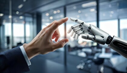 AI-powered robotic hand, interacting with human hand, modern connection, futuristic technology concept