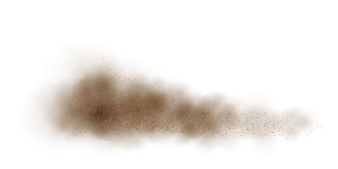 Dust of sand explosion with smoke cloud on transparent background. Desert sandstorm backdrop. Brown sandstorm splash with flying particles and wind effect. Abstract vector illustration