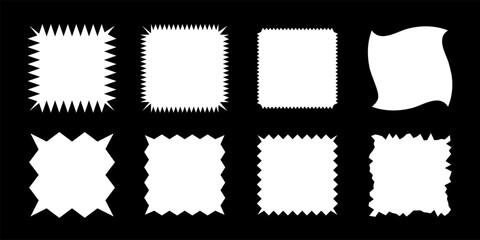 White square shapes with jagged borders. Frames with zigzag, sharp, corrugated and curved edges. Vector illustration set isolated on black for stickers, tags, labels, stamps, badges.