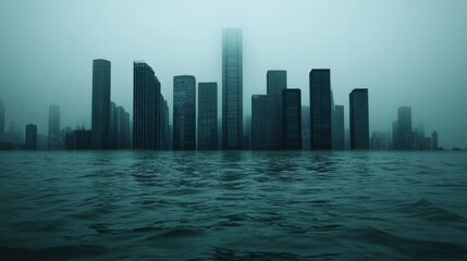 Fototapeta premium Flooded city skyline under foggy sky symbolizing climate change