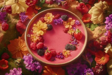 Naklejka premium A vibrant smoothie bowl adorned with fresh berries and edible flowers, creating a lively springtime display.
