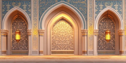 Serene Islamic Architecture: Intricate Arabesque Design and Warm Lighting in a Mosque Interior