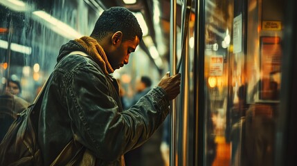 A man in a jacket gripping a subway strap during evening hours, the interior warmly lit and bustling