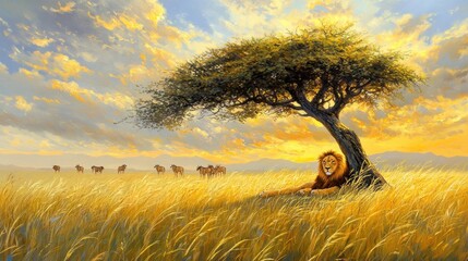 Majestic Lion Resting Under African Sunset Tree