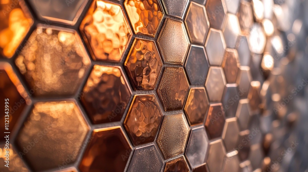 Poster glistening hexagonal shapes of copper capture light in a striking pattern, evoking a sense of warmth