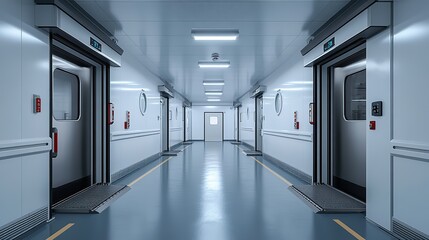 A modern elevator with open doors set within a spacious hall or laboratory environment