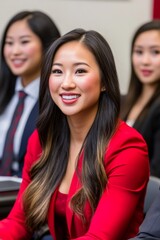 Fototapeta premium A young Asian woman in a red blazer, smiling confidently at a gathering, with colleagues in the background.