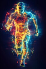 A fit male athlete depicted in a vibrant neon style, sprinting energetically against a dark background.