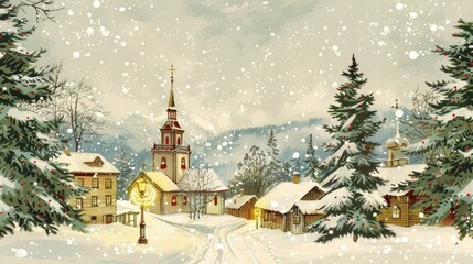 vintage Christmas card with snow, church and small houses 