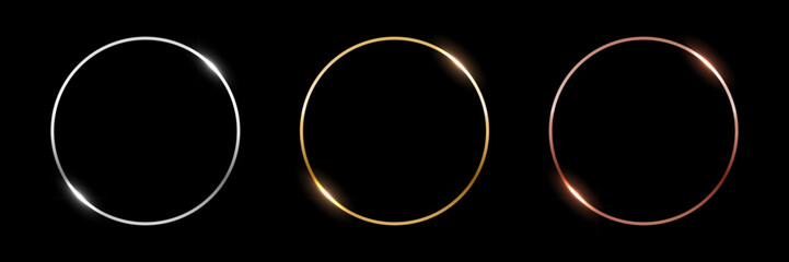Gold, silver and bronze circle thin frames. Blank metal ring, button, stamp, emblem, sticker, label. First, second and third place medals isolated on black background. Abstract vector illustration set