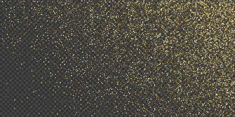 Gold glitter confetti background. Golden glittering dust on transparent background with copy space . Festive holiday shiny luxury backdrop. Abstract vector illustration