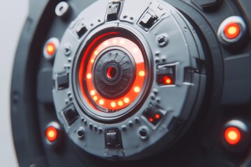 Close-up of a futuristic sci-fi device with glowing red lights and intricate mechanical details.