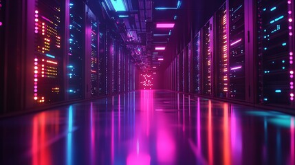 Fototapeta premium A server room with densely packed racks, each with rows of blinking lights and cables connecting them, the cool glow of the LEDs reflecting off the smooth floor