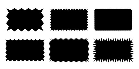 Rectangular shapes with jagged borders. Frames with zigzag, sharp, corrugated and curved edges. Vector illustration set isolated on transparent for stickers, tags, labels, stamps, badges.