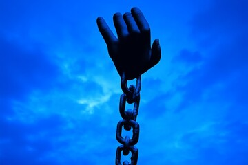 A silhouette of a hand breaking free from a chain against a blue sky, symbolizing hope and freedom.