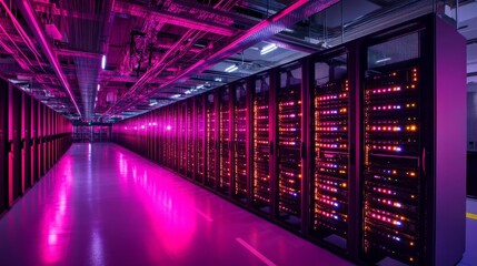 Obraz premium A wide-angle shot of a server room, each server rack neatly arranged, fiber optic cables glowing with light as they connect rows of high-performance machines