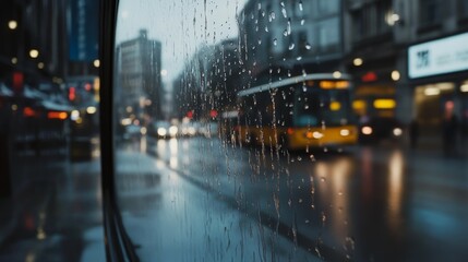 Raindrops streak down a window as city life blurs into evening hues, capturing the kinetic energy and reflective beauty of a bustling urban street.