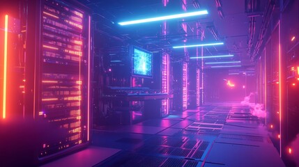 A futuristic server room with holographic displays floating above the racks, the servers glowing with neon lights, cables hidden behind sleek panels