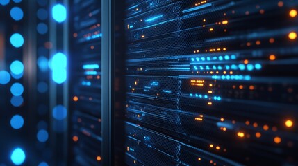 A close-up view of server hardware, exposed circuit boards and processors visible behind the mesh front of the server racks, illuminated by soft blue LED lights