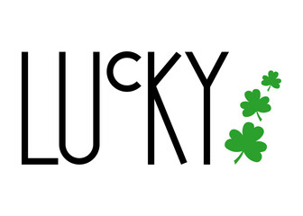 Día de San Patricio. Banner con palabra lucky en tipografía lineal alargada con silueta de grupo de treboles