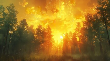 Obraz premium Golden sunlight beams through a misty forest, creating a magical atmosphere.