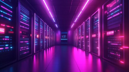 Fototapeta premium A cyberpunk-inspired server room with neon-lit racks and glowing cables, each server pulsing with light as data flows through the network