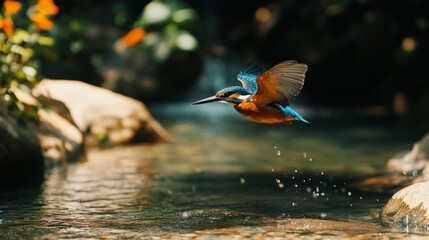 A kingfisher in mid-flight elegantly skims the surface of a pristine stream, capturing the pure essence of motion and nature.