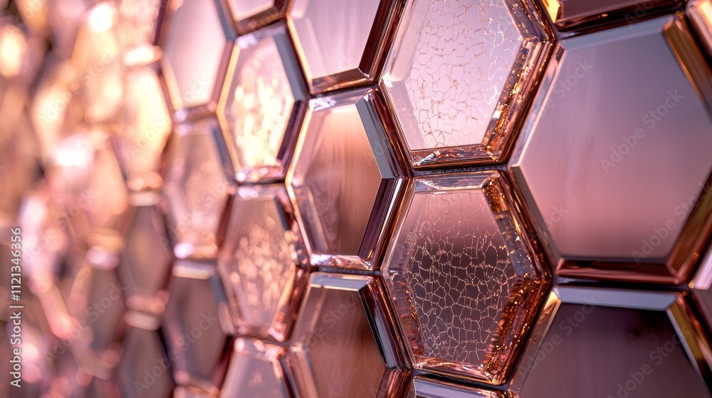 Poster reflective patterns dance across a copper-faceted surface, revealing hexagonal shapes intertwined wi