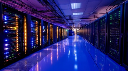 Fototapeta premium A server room with tall racks reaching towards the ceiling, each server lined with LED lights, the polished floor reflecting the glow, giving the space a high-tech, futuristic feel
