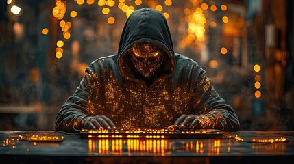 A mysterious hooded figure sits at a dimly lit computer desk, illuminated only by the glow of the monitor