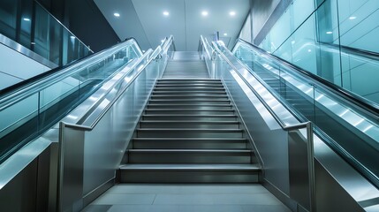 Two escalators going up in a modern building.