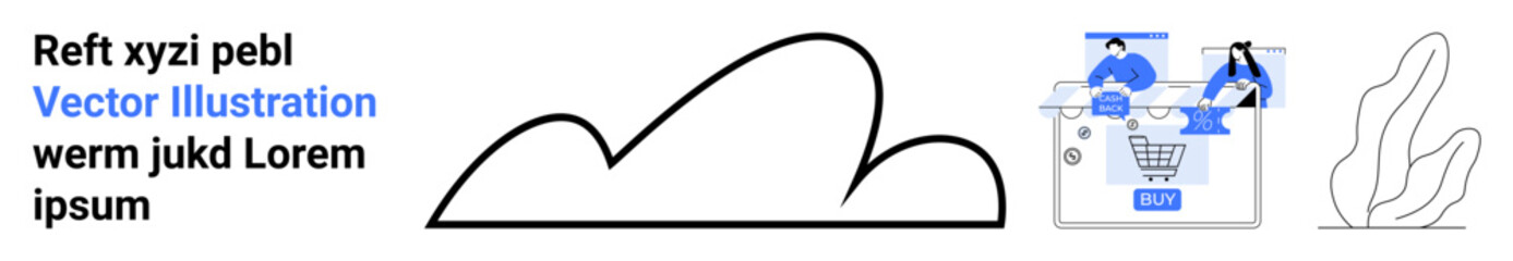 Cloud graphic with e-commerce elements thumbs up shopping cart and team members. Ideal for e-commerce, cloud services, online collaboration, digital marketing, business strategy, tech solutions