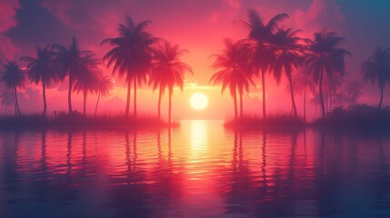 A neon scene with palm trees against a dark background, reflected in water with vibrant red and blue rays