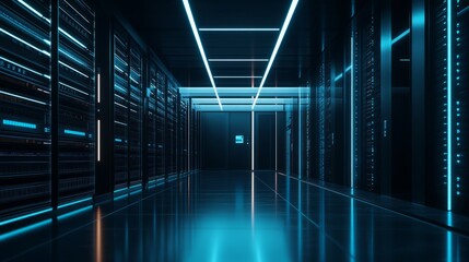 A high-tech server room with a wide array of servers aligned perfectly, sleek black racks glowing with blue lights, the reflection of the lights on the polished floor