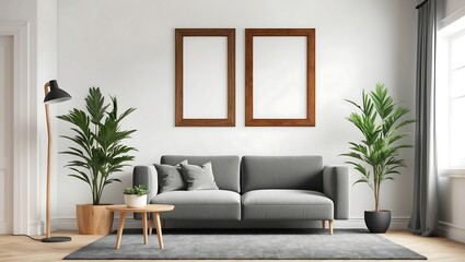 Modern living room interior and two white posters frame mock up on wall. A modern spacious interior...