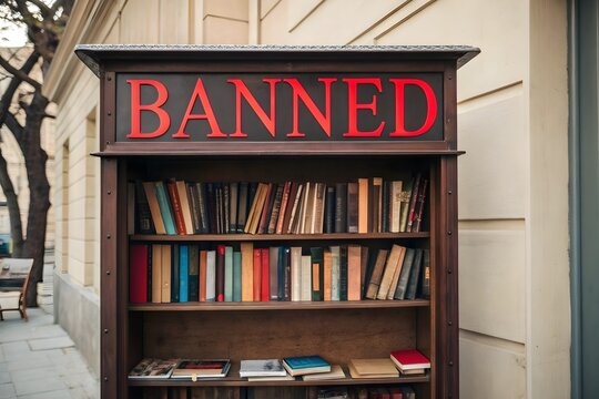 Bookshelf with banned sign in public area. Censorship and education - Powered by Adobe