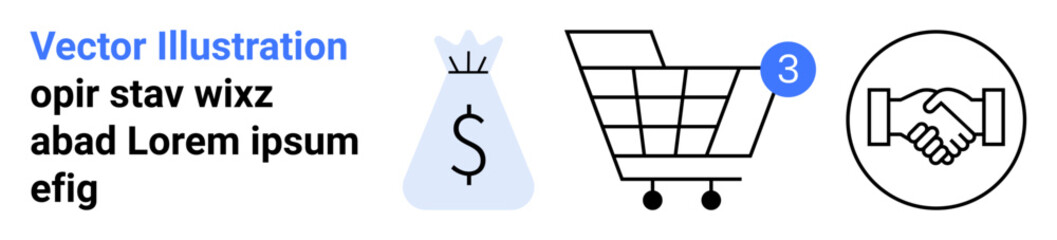 Money bag with dollar, shopping cart with notification, and handshake in circles. Ideal for businesses, e-commerce, finance, shopping, commerce, transactions, collaborations. Landing page