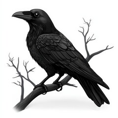 Fototapeta premium Raven perched on branch forest habitat wildlife photography natural environment close-up view