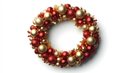 Obraz premium Wreath of shiny red and gold Christmas baubles arranged in a circular shape, isolated on a white background. Concept of festive decoration. 3D Rendering
